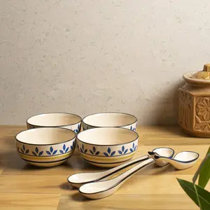 KHURJA POTTERY Leaf Print Hand Painted Ceramic Soup Bowl with Spoon Set of 4 300 Ml