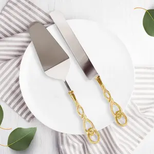 KHURJA POTTERY Cake Cutter Knife and Server Set of 2 | Brass Leaf Handle Design | Made with Brass and Stainless Steel (Gold Plated) | Pizza Knife Pie Server | Best for Gifting - 12 inch