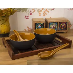 KHURJA POTTERY Ceramic Dual Glazed Soup Bowls with Spoons 240Ml Set of 2 (Matt Black)