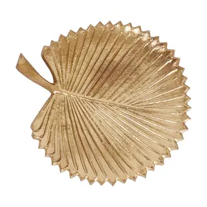KHURJA POTTERY Serving Platter | Leaf Aluminium Metal Platter in Golden Finish | Serving Platter - Leaf