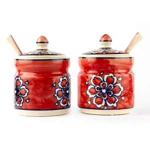 KHURJA POTTERY Ceramic Mughal Art Hand Painted Jar Set with 2 Spoon & Matching Lid for Storage Pickle (Red) 300 ML