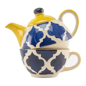 KHURJA POTTERY Ceramic Single Hand Painted Tea Pot Kettle Set of 1 Blue & Yellow400 Ml