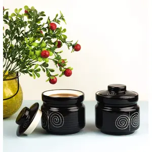 KHURJA POTTERY Hand Painted Ceramic/Stoneware Multipurpose Jar 300ml Set of 2 Black