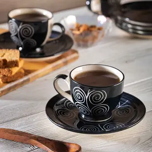 KHURJA POTTERY Black Spiral Ceramic Hand Painted Cup and Saucer - Set of 12