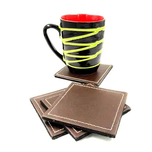 KHURJA POTTERY Square Shape Leatherette Coaster Set Pack of 4 (Brown)
