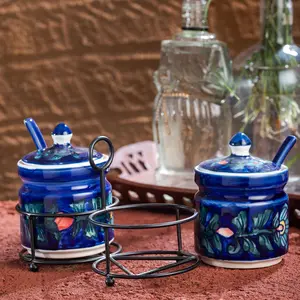 KHURJA POTTERY Ceramic Jar Set with Iron Stand 2 Spoon & Matching Lid for Storage Pickle (Blue) 300 ML