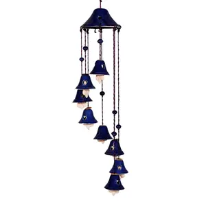 KHURJA POTTERY Handcrafted Ceramic Wind Chime for Living Room Balcony Handmade Decorative for Garden Home Office Shop Decoration Gift for Friends and Family 8 Bells Blue