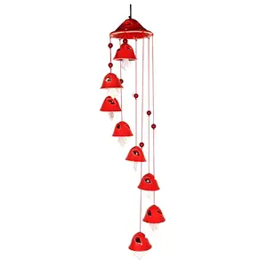 KHURJA POTTERY Handcrafted Ceramic Wind Chime for Living Room Balcony Handmade Decorative for Garden Home Office Shop Decoration Gift for Friends and Family 8 Bells Red