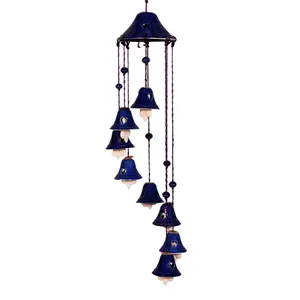 KHURJA POTTERY Handmade Ceramic Melodious Positive Sound Energy Wind Chimes Bell (8 Bells) Shape for Office Garden Bedroom Balcony Outdoor Home Decor - (65 cm Blue)