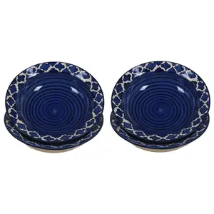 KHURJA POTTERY Ceramic Hand-Painted Microwave & Oven Safe Pasta Plate| Soup Plate | Snack Plates - Set of 4 Plates (7 Inch Seashell Blue)