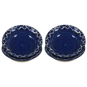 KHURJA POTTERY Ceramic Hand-Painted Microwave & Oven Safe Pasta Plate| Soup Plate | Snack Plates - Set of 4 Plates (6 Inch Seashell Blue)