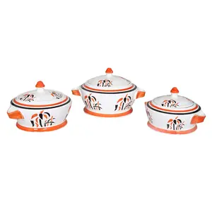 KHURJA POTTERY Ceramic Pottery Casseroles with Lid for Home Kitchen Dinning Serving Ware Storage Containers - Combo Pack of 3