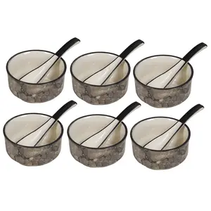 KHURJA POTTERY Handmade Ceramic Hand Painted Brown Pottery Jumbo Soup Bowl and Spoons Set of 6-350 ml Each