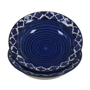 KHURJA POTTERY Ceramic Hand-Painted Microwave & Oven Safe Pasta Plate| Soup Plate | Snack Plates - Set of 2 Plates (10 Inch Seashell Blue)