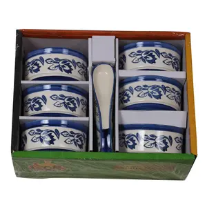 KHURJA POTTERY Handmade Ceramic Hand Painted Blue Bail Pottery Jumbo Soup Bowl and Spoons Set of 6-350 ml Each