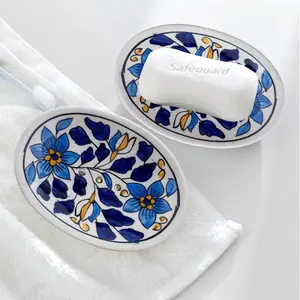 KHURJA POTTERY Hand Painted Flower Design Ceramic Soap Dish Tray | Soap Holder | Soap Case Holder Use in The bathrooms or Kitchen Offices