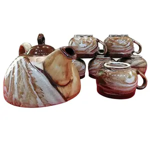 KHURJA POTTERY Tea Set of 6 Cup with Kettle Set | Tea Pot Ceramic | Handmade Gifts Set of Tea Pot Kettle and 6 Cups of Each 150 ML | Microwave Safe