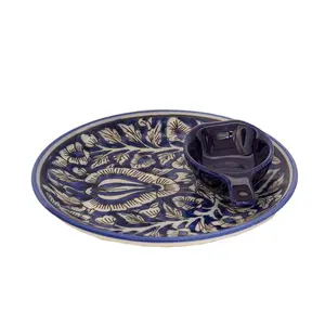KHURJA POTTERY Ceramic Decorative Pooja Thali with Attached Diya Handmade Plate Hand Painted | Blue | 10 Inch | Can Be Used for Serving Snacks and Breakfast with Attached Dip Bowl