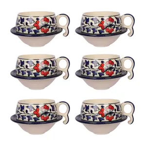 KHURJA POTTERY Cup Plate Set of 6 Handmade Gifts Items | Tea Cups Set of 6 with Saucer | Tea Cups Set of 12 | Ceramic Cup and Saucer Set | Blue Pottery Cup Set (Red) | Microwave Safe Plates and Cups