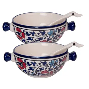 KHURJA POTTERY Soup Bowl with Handle Ceramic Bowl with Spoon Set of 2 | Ceramic Serving Bowl Set for Soup Cereal or Nasta | Floral Design Multi Color