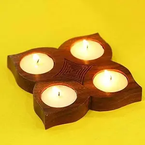 KHURJA POTTERY 'Gleaming Petals' Hand Carved Candle Holder - Tealight for Home Dcor Tealight Candle Holders Hanging Tea Light Holders Candle Stand for Home Decoration in Sheesham Wood
