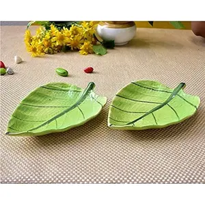 KHURJA POTTERY Handcrafted Leaf Shaped Platter (Set of 2 Light Green L x B - 18 cm x 14 cm) Snacks Serving Tray Dry-Fruits Serving Plates
