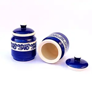KHURJA POTTERY Pickle Storage Burni Masala Container Aachar Chutney Serving Marmalade Barni Canister Ceramic Jar Set for Dining (Blue 750ml each) Microwave and Dishwasher Safe