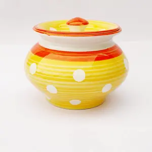 KHURJA POTTERY Dahi Serving Biryani Handi Storage Curd Dishes Pickle Achar Marmalade Canister Container Handpainted Pot Ceramic Jar (Yellow - White Dot 2000 ml) Microwave and Dishwasher Safe