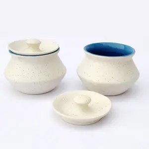 KHURJA POTTERY Dahi Serving Biryani Handi Storage Curd Dishes Pickle Achar Marmalade Canister Container Handpainted Pot Ceramic Jar (White - Blue Matte 300ml Each) Microwave and Dishwasher Safe