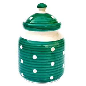 KHURJA POTTERY Pickle Storage Burni Masala Container Aachar Chutney Serving Marmalade Barni Canister Ceramic Handpainted Jar (Blue - White Dot 2000 ml) Microwave & Dishwasher Safe