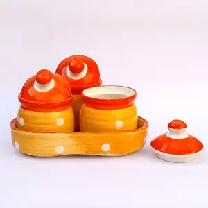 KHURJA POTTERY Pickle Jar Storage Masala Container Aachar Chutney Serving Canister Condiment Set with Tray for Dining Table (Set of 3 Yellow and Orange) Microwave and Dishwasher Safe