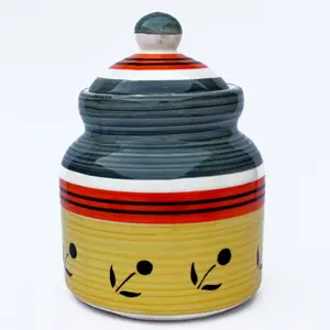 KHURJA POTTERY Pickle Storage Burni Masala Container Aachar Chutney Serving Marmalade Barni Canister Ceramic Handpainted Jar (Yellow - Grey - Red 1250ml) Microwave & Dishwasher Safe