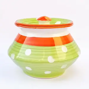 KHURJA POTTERY Dahi Serving Biryani Handi Storage Curd Dishes Pickle Achar Marmalade Canister Container Handpainted Pot Ceramic Jar (Green - White 2000 ml) Microwave and Dishwasher Safe