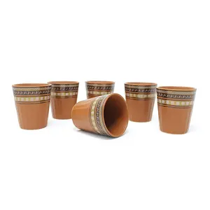 KHURJA POTTERY Tea Cutting Chai Cups Kullad Glasses Ceramic Set of 6 Khullads (Handcrafted Brown Matte Decal Printed) Microwave Safe - Dishwasher Safe