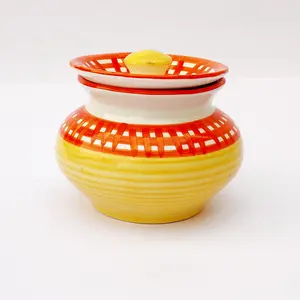 KHURJA POTTERY Dahi Serving Biryani Handi Storage Curd Dishes Pickle Achar Marmalade Canister Container Handpainted Pot Ceramic Jar (Yellow - Red 650 ml) Microwave and Dishwasher Safe
