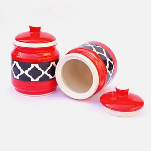 KHURJA POTTERY Pickle Storage Burni Masala Container Aachar Chutney Serving Marmalade Barni Canister Ceramic Jar Set for Dining (Red - Black 750ml each) Microwave and Dishwasher Safe