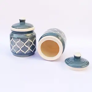 KHURJA POTTERY Pickle Storage Burni Masala Container Aachar Chutney Serving Marmalade Barni Canister Ceramic Jar Set for Dining (Grey 750ml each) Microwave and Dishwasher Safe