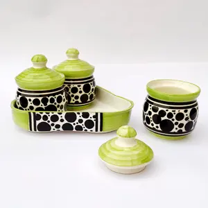 KHURJA POTTERY Pickle Jar Storage Masala Container Aachar Chutney Serving Canister Condiment Set with Tray for Dining Table (Set of 3 Green & Black) Microwave and Dishwasher Safe