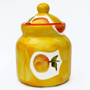 KHURJA POTTERY Pickle Storage Burni Masala Container Aachar Chutney Serving Marmalade Barni Canister Ceramic Handpainted Jar (Yellow - Orange Apple 1250ml) Dishwasher Safe