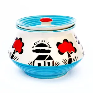 KHURJA POTTERY Dahi Serving Biryani Handi Storage Curd Dishes Pickle Achar Marmalade Canister Container Handpainted Pot Ceramic Jar (Red and Orange Floral Yellow 1000 ml) Microwave and Dishwasher Safe