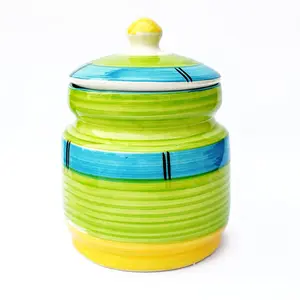 KHURJA POTTERY Pickle Storage Burni Masala Container Aachar Chutney Serving Marmalade Barni Canister Ceramic Handpainted Jar (Blue - Green - Yellow 1250ml) Dishwasher Safe