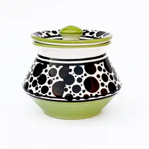 KHURJA POTTERY Dahi Serving Biryani Handi Storage Curd Dishes Pickle Achar Marmalade Canister Container Handpainted Pot Ceramic Jar (Black Bubble Green 650 ml) Microwave and Dishwasher Safe