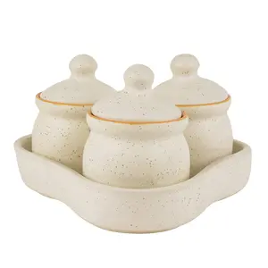 KHURJA POTTERY Pickle Jar Storage Masala Container Aachar Chutney Serving Canister Condiment Set with Tray for Dining Table (Set of 3 White and Yellow) Microwave and Dishwasher Safe