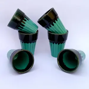 KHURJA POTTERY Tea Cutting Chai Cups Kullads Glasses Ceramic Set of 6 Khulhads (Handcrafted Green Black) Microwave Safe - Dishwasher Safe