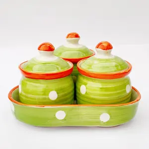 KHURJA POTTERY Pickle Jar Storage Masala Container Aachar Chutney Serving Canister Condiment Set with Tray for Dining Table (Set of 3 Green) Microwave and Dishwasher Safe