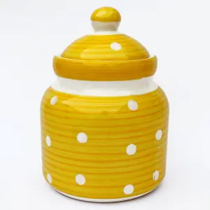 KHURJA POTTERY Pickle Storage Burni Masala Container Aachar Chutney Serving Marmalade Barni Canister Ceramic Handpainted Jar (Yellow - White Dot 1250ml) Dishwasher Safe