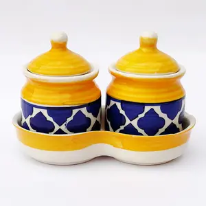 KHURJA POTTERY Pickle Jar Storage Masala Container Aachar Chutney Serving Canister Condiment Set with Tray for Dining Table (Set of 2 Blue & Yellow) Microwave and Dishwasher Safe
