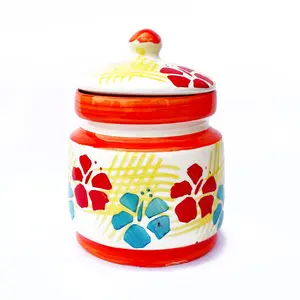KHURJA POTTERY Pickle Jar Storage Burni Masala Container Aachar Chutney Serving Marmalade Barni Canister Ceramic Handpainted Jar (Red - Blue - Yellow 1250ml) Dishwasher Safe