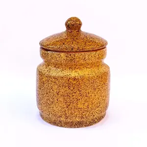KHURJA POTTERY Pickle Storage Burni Masala Container Aachar Chutney Serving Marmalade Barni Canister Ceramic Handpainted Jar (Yellow - Black 1250ml) Dishwasher Safe