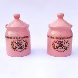 KHURJA POTTERY Pickle Storage Burni Masala Container Aachar Chutney Serving Marmalade Barni Canister Ceramic Handpainted Jar (Pink 500ml each) Dishwasher Safe